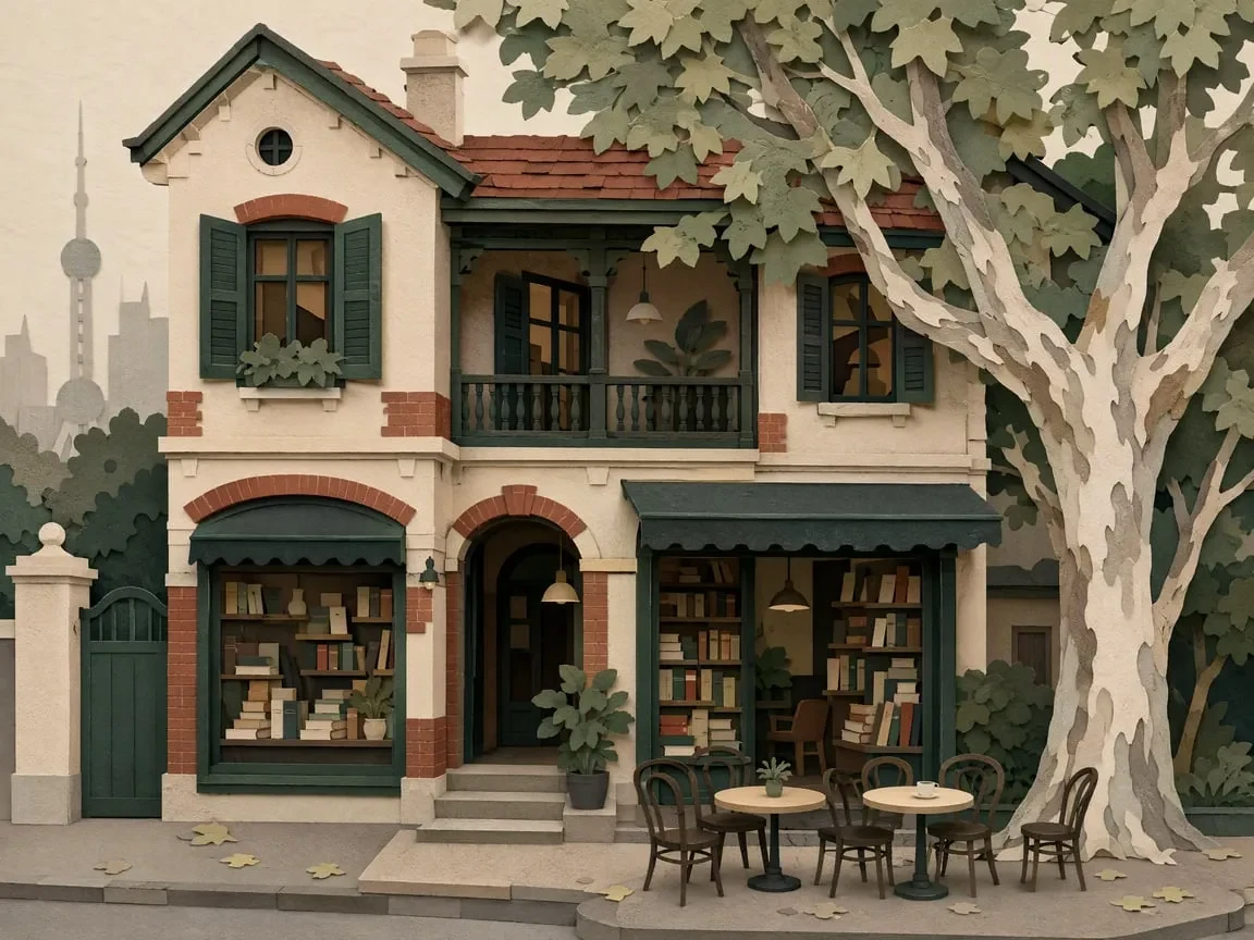 Illustration of a garden-house bookshop with green shutters and cafe tables, recalling the former Mix Place in Hengshan Fang