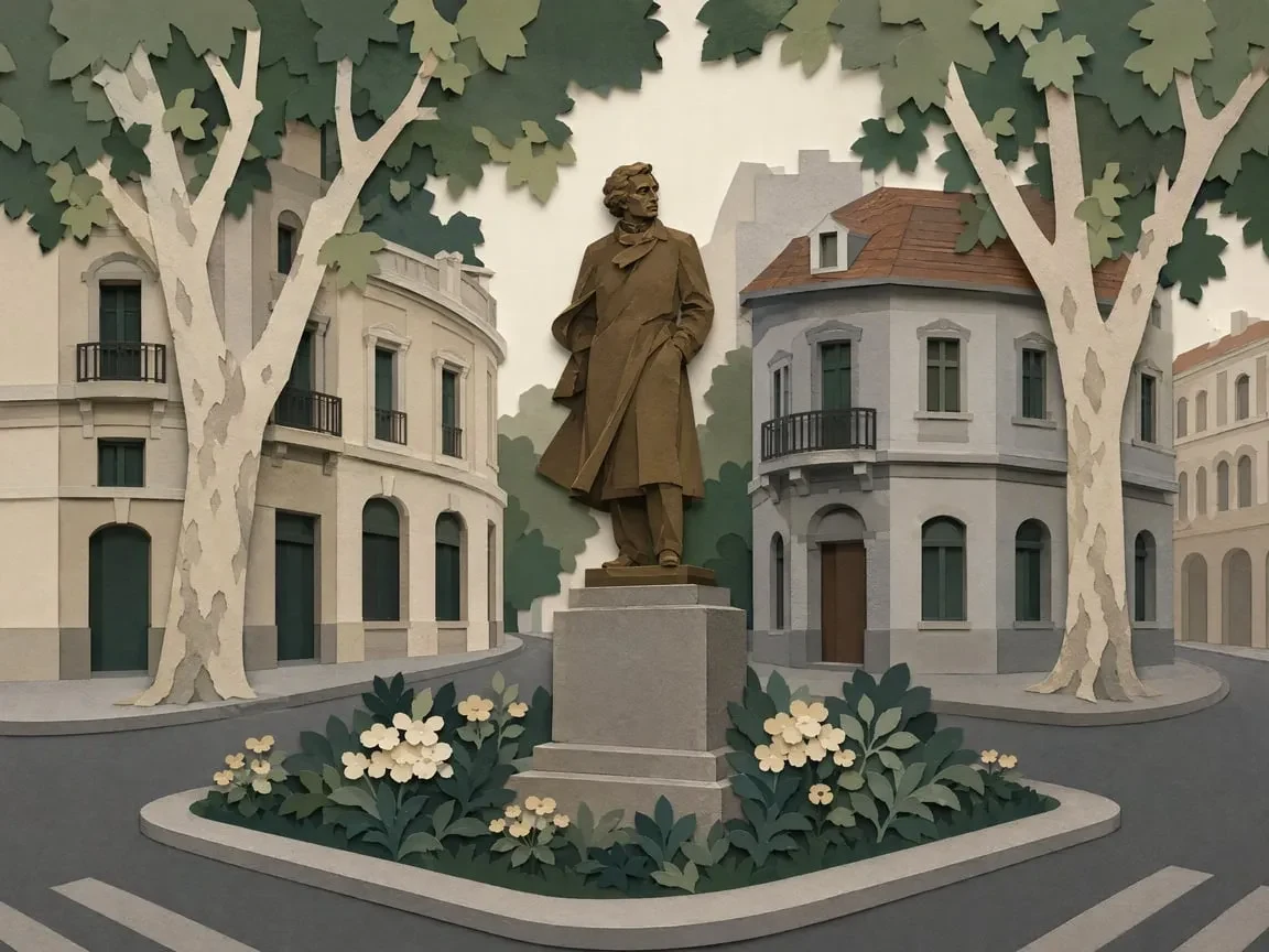Stylized illustration of a poet's monument among plane trees, representing the Pushkin memorial near Fenyang, Yueyang and Taojiang roads