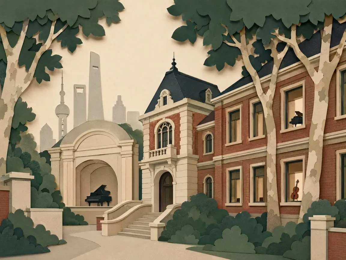 Illustration of historic music-school buildings, a piano and trees, representing the Shanghai Conservatory of Music neighborhood
