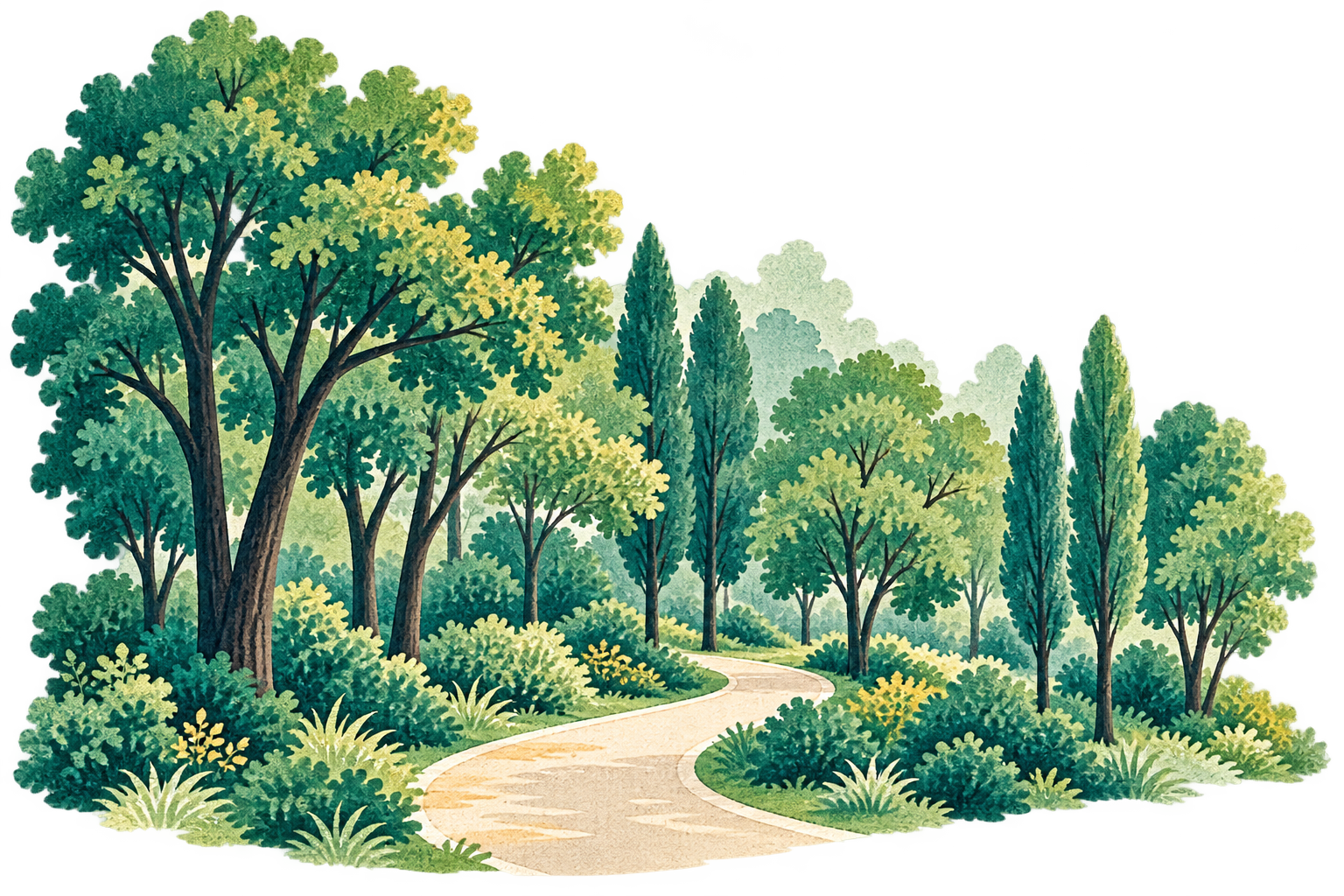 Paper-cut illustration of Changning Outer Ring Ecological Greenway, Shanghai: curving path through dense trees and planting