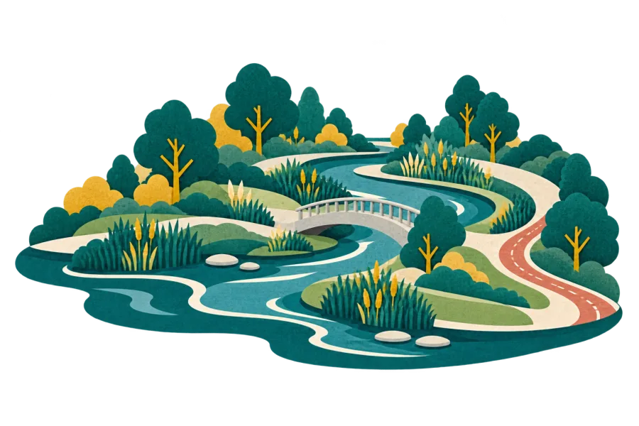 Paper-cut illustration of Suhe Source Park, Shanghai: winding water, paths, reeds and trees