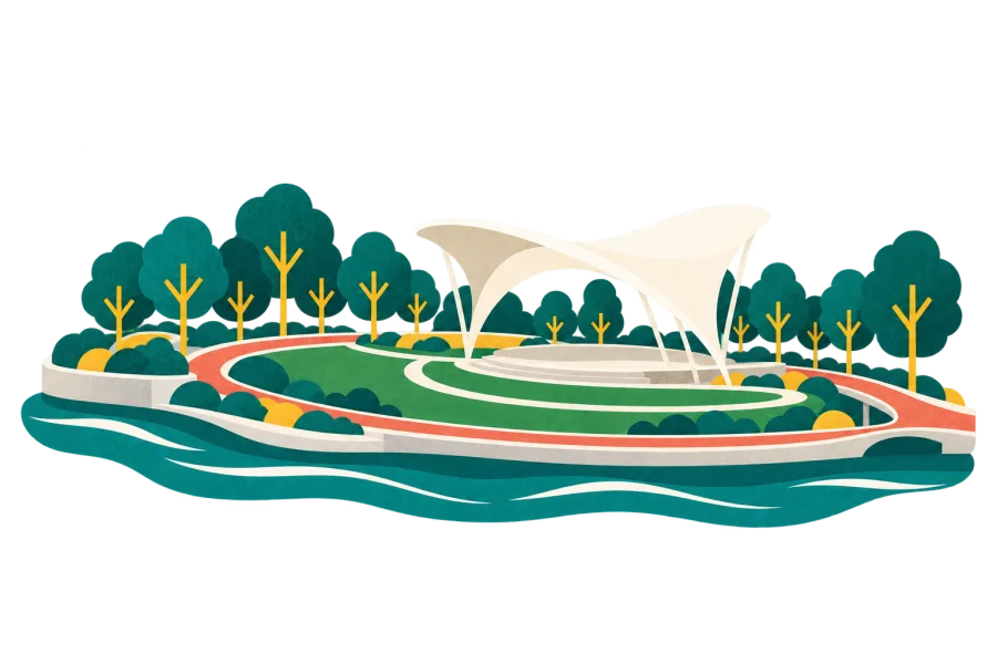 Paper-cut illustration of Linkong Music Park beside Suzhou River, Shanghai: white canopy, open lawn and tree-lined paths