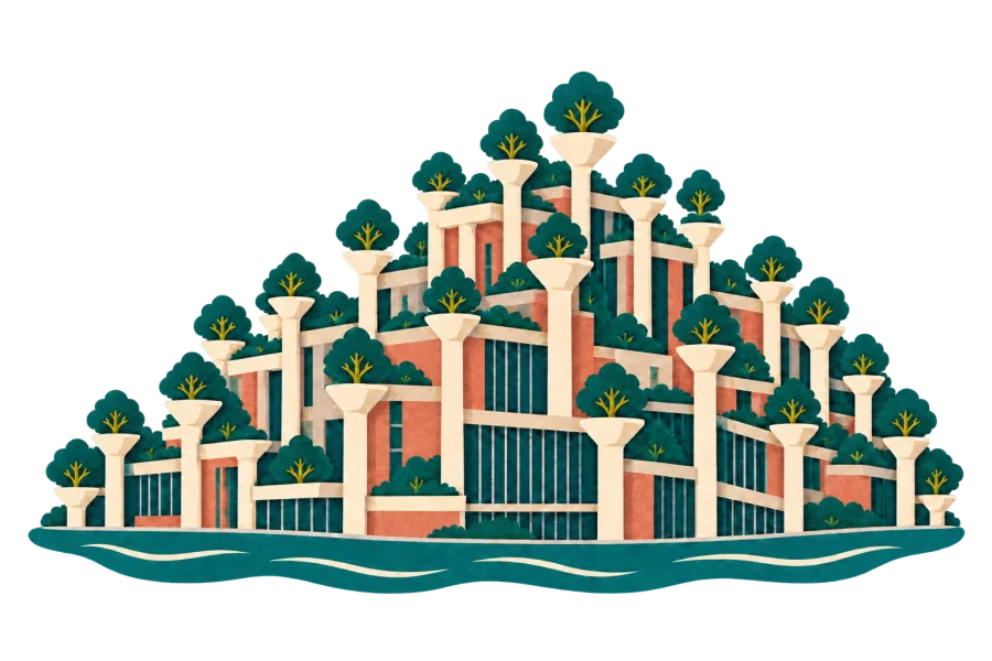 Paper-cut illustration of Tian An 1000 Trees beside Suzhou River, Shanghai: stepped terraces and tree-topped columns