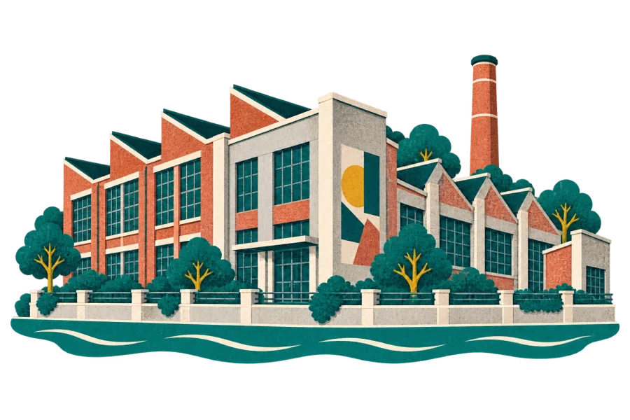 Paper-cut illustration of M50 Creative Park beside Suzhou River, Shanghai: former factory buildings, sawtooth roofs and brick chimney