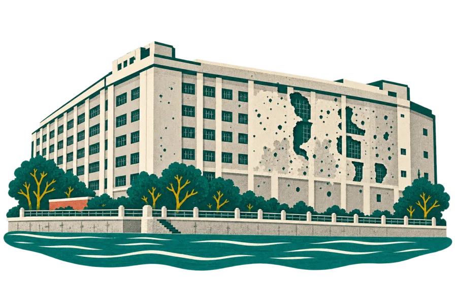 Paper-cut illustration of Sihang Warehouse beside Suzhou River, Shanghai: rectangular warehouse and scarred exterior wall