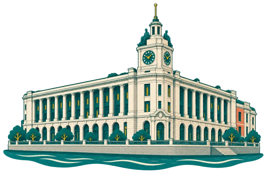 Paper-cut illustration of Shanghai General Post Office beside Suzhou River: long stone facade and domed clock tower