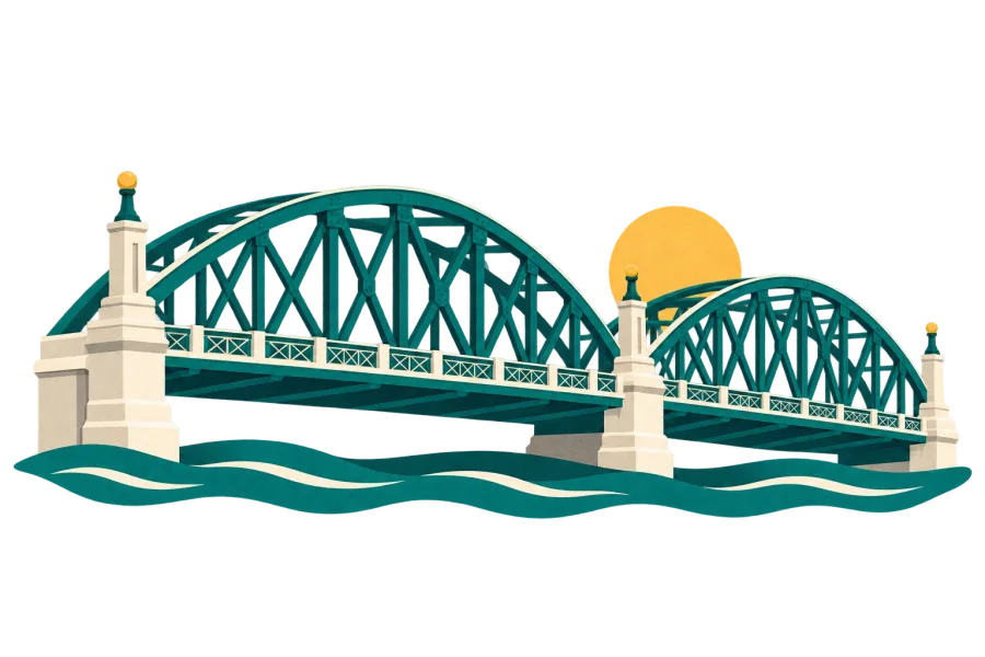 Paper-cut illustration of Waibaidu Bridge at the mouth of Suzhou River, Shanghai: steel trusses over the water at sunset