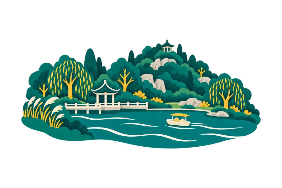 Paper-cut illustration of Changfeng Park, Shanghai: Yinchu Lake, Tiebi Hill, pavilion and lakeside willow trees