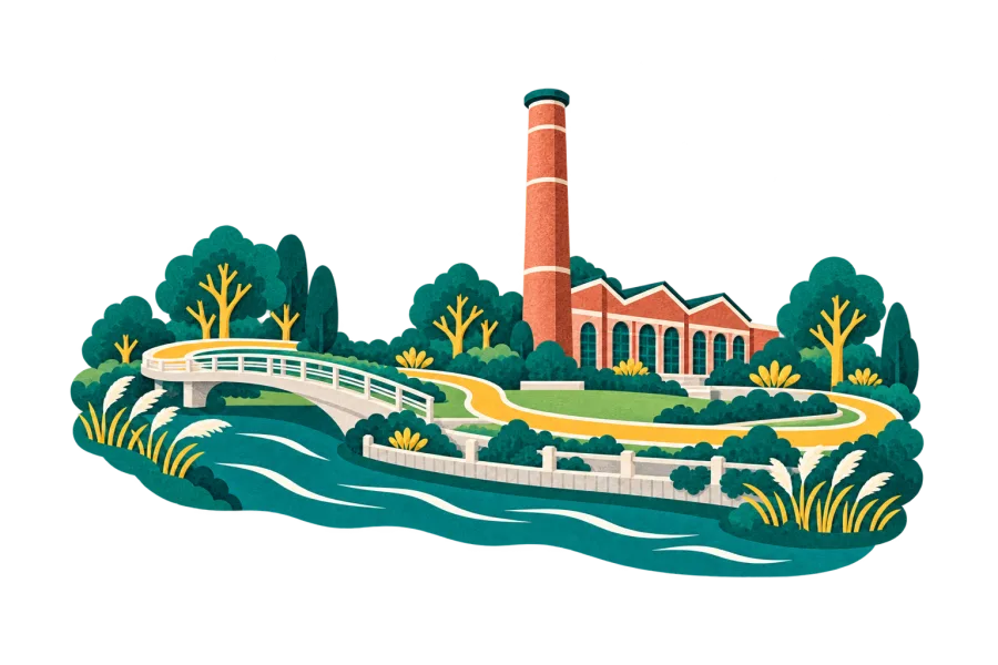 Paper-cut illustration of Half Marathon Suhe Park, Shanghai: brick chimney, footbridge and riverside lawns