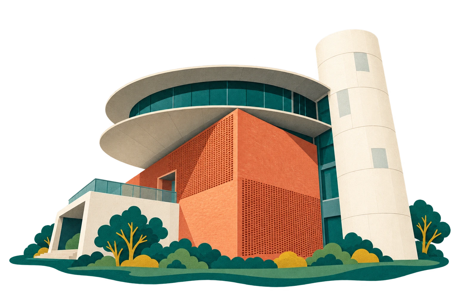 Paper-cut illustration of Suzhou River Industrial Civilization Museum, Shanghai: red-brick hall, circular roof and white tower